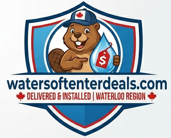 WaterSoftenerDeals.com shield badge — delivered & installed in the Waterloo region